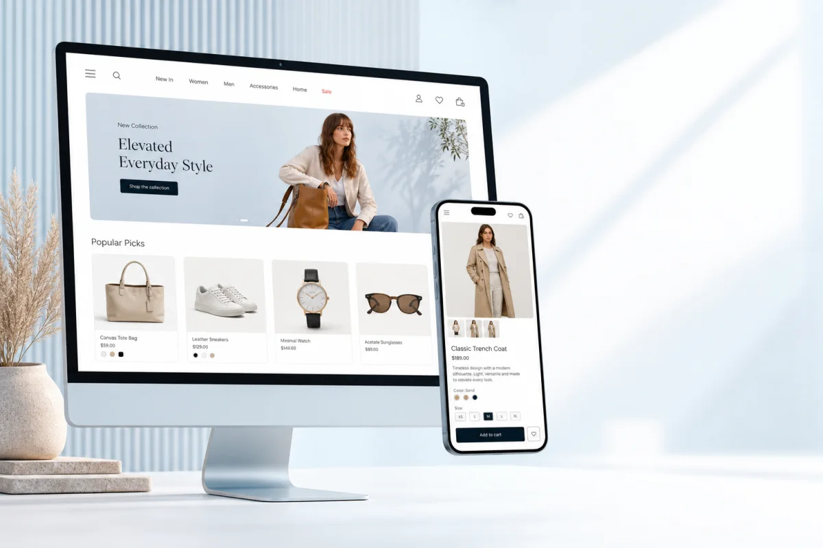 Gestionale per PrestaShop con e-commerce visualizzato su computer e smartphone
